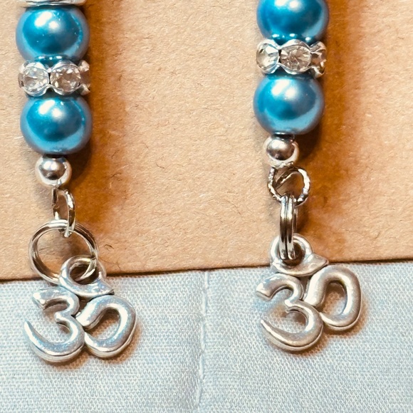 Silver Tone Dangle Earrings Blue Beads Crystal Rondelle’s w/Om Charms Hand Made - Picture 5 of 8